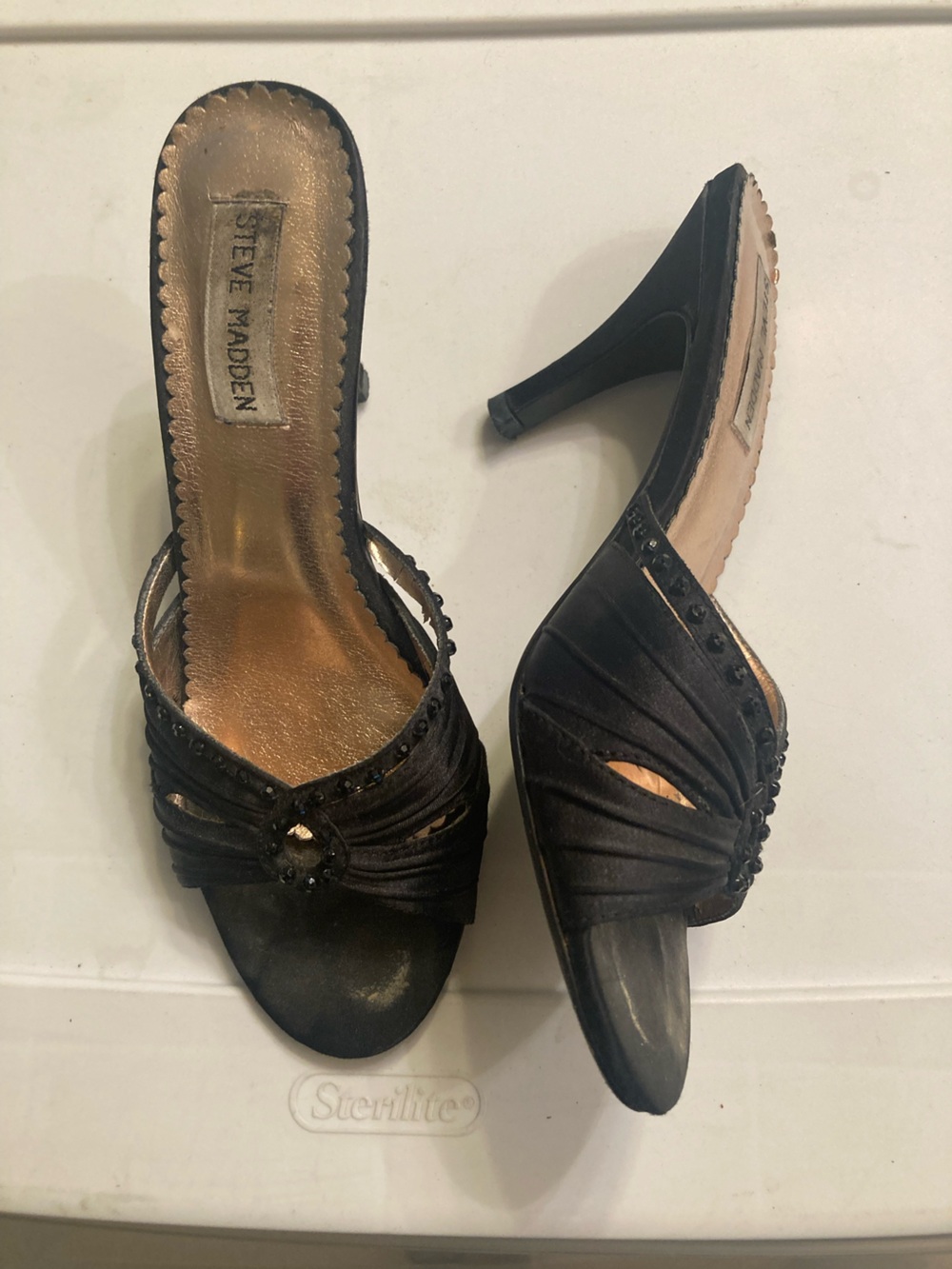 Steve Madden Black Satin Rhinestone Heeled Mules